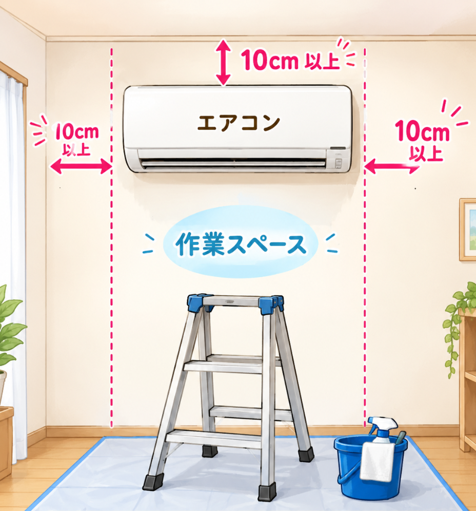 エアコン設置の空き間隔（左右・上部10cm以上）